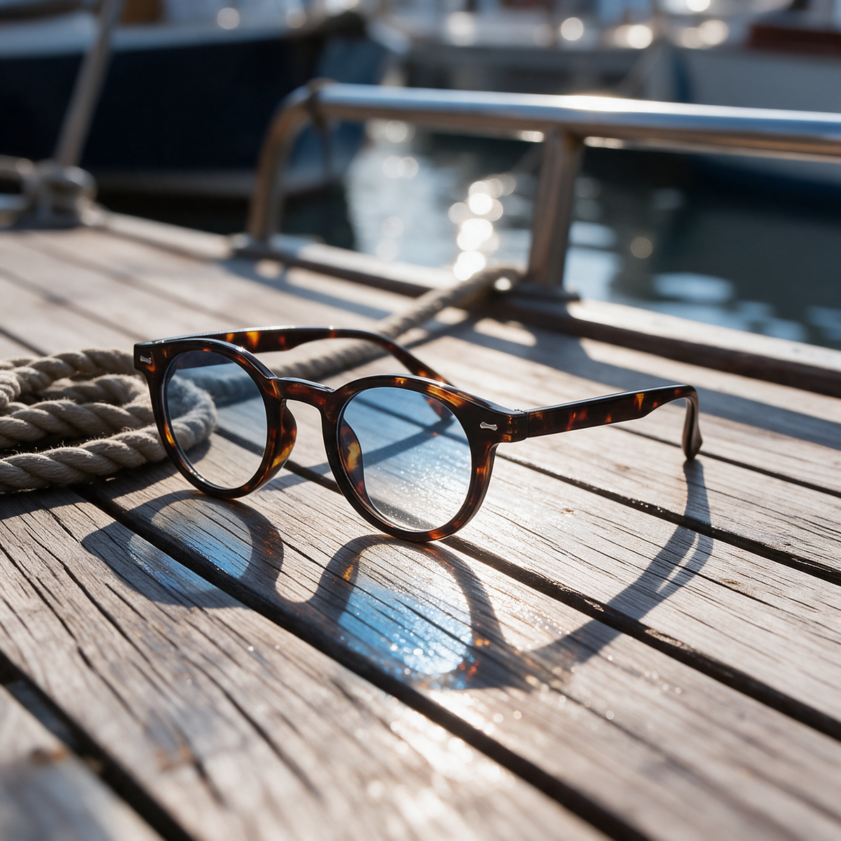 Runde Devero Sonnenbrille auf einem Bootsdeck