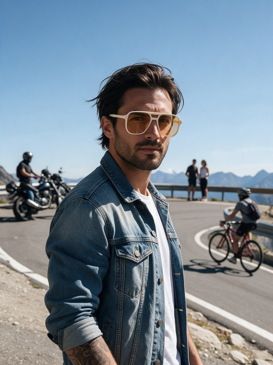 Mann mit Devero Aviator-Sonnenbrille an einer Passstrasse