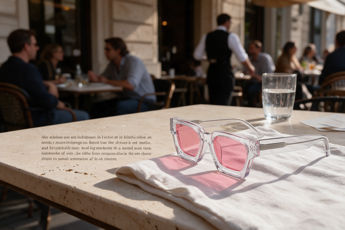 Devero Sonnenbrille auf einem Leinentuch auf einer Caféterrasse