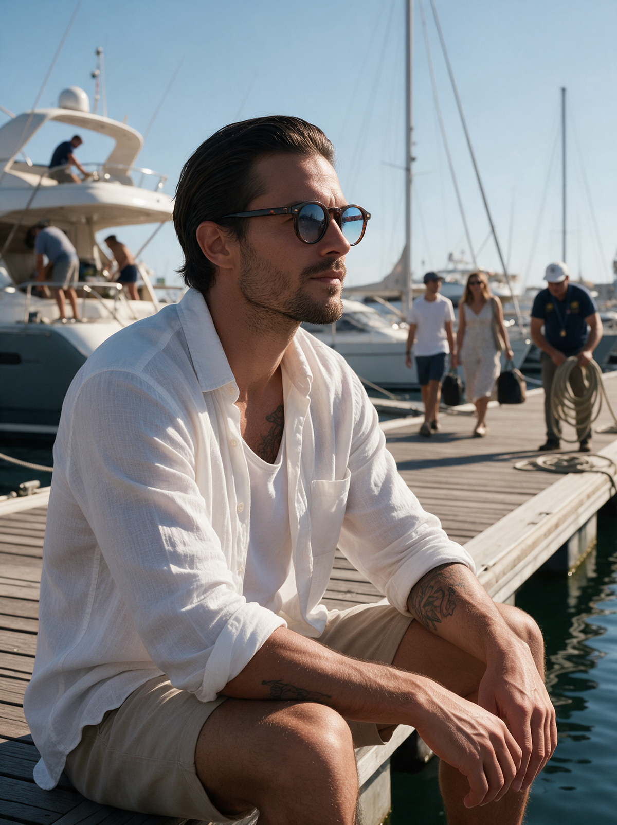 Mann mit Devero Sonnenbrille an einem Hafensteg