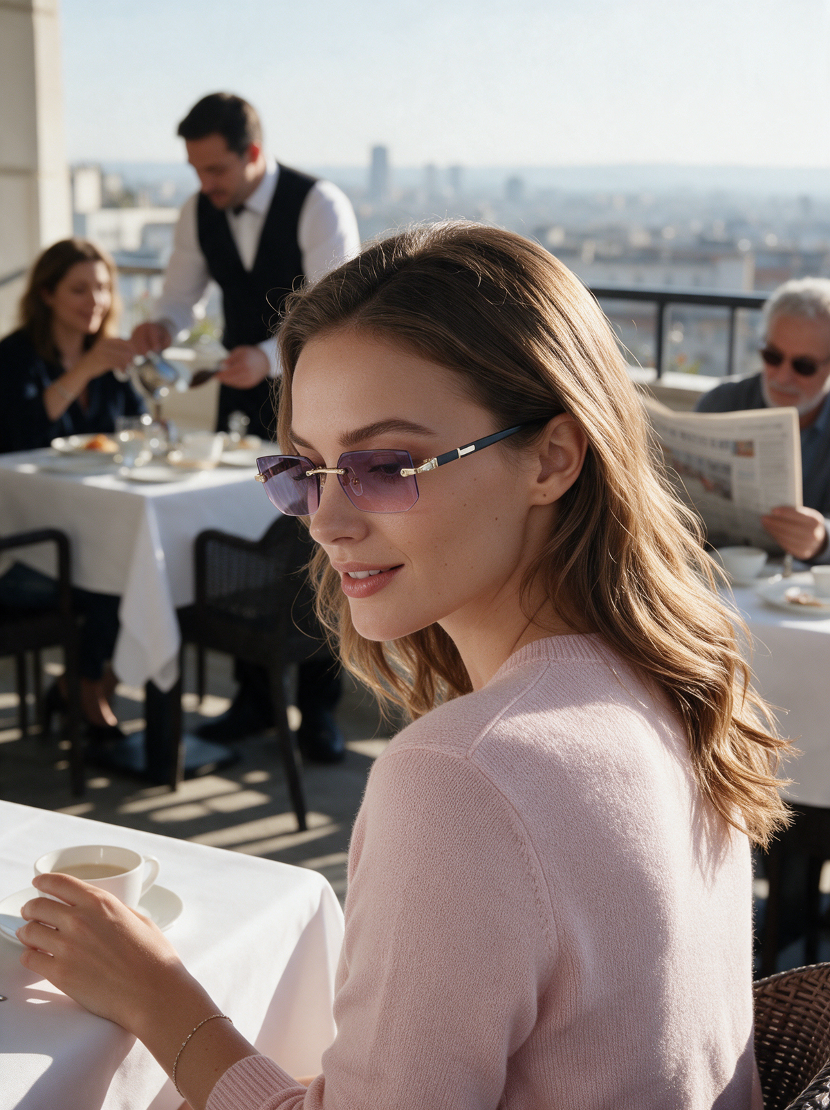 Devero Aria Sonnenbrille Gold / Violett-Rosé Verlauf – getragen