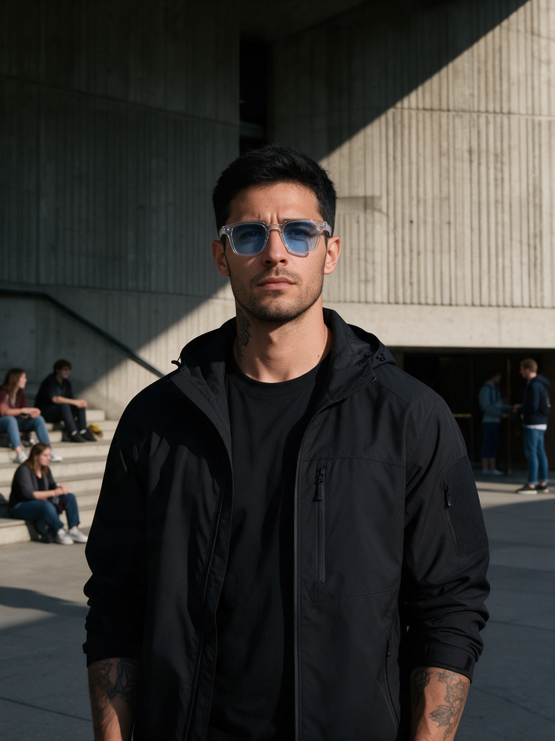 Devero Grat Sonnenbrille Kristall / Hellblau – getragen
