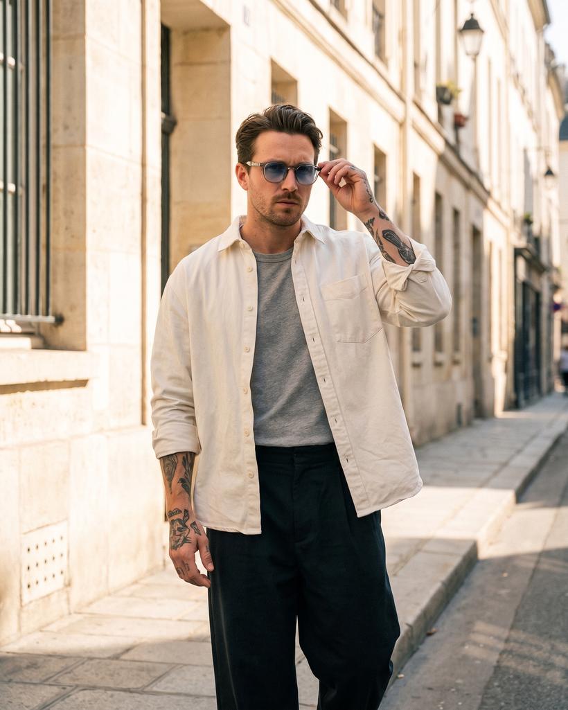 Mann mit Sonnenbrille in einer sonnigen Altstadtgasse